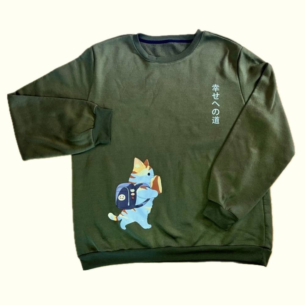 Cat Graphic Crewneck Sweatshirt Dark Green Shein XL